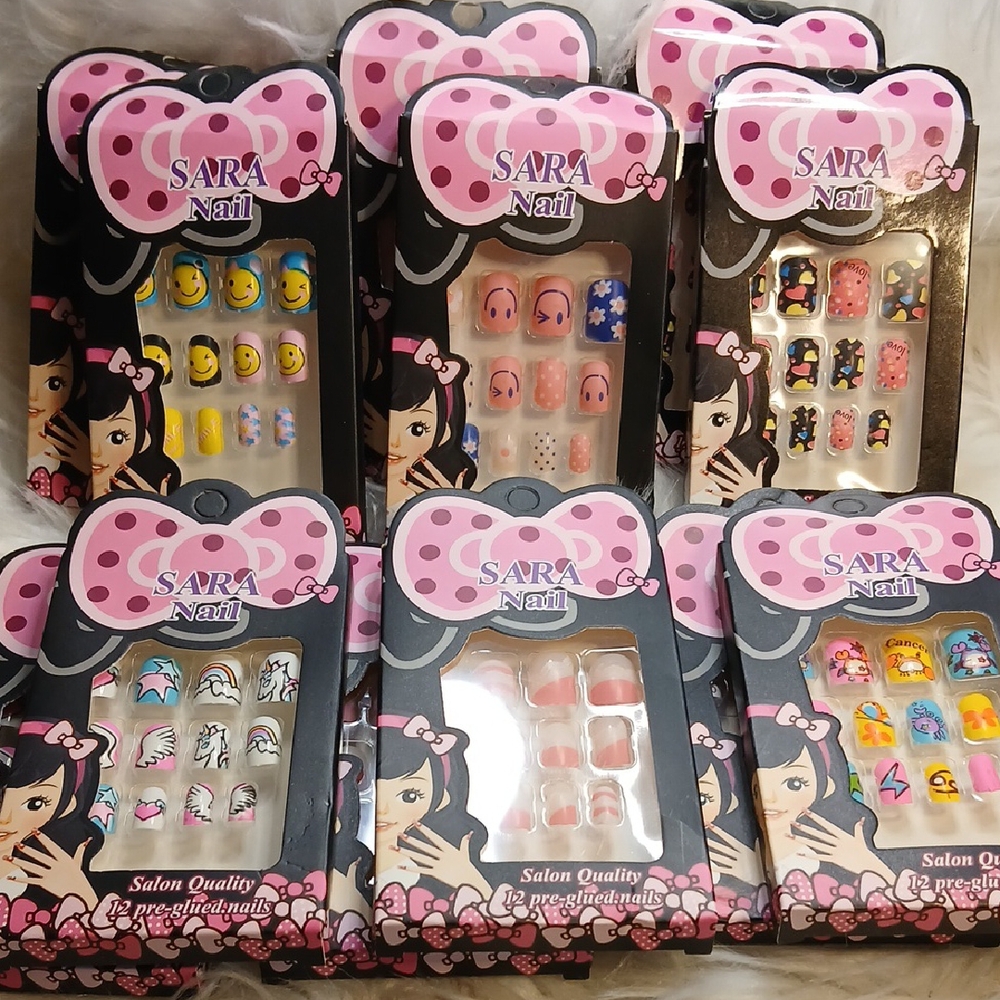 Kids Toy Nail Set - Pink, Blue, Yellow Designs Set 12 Box